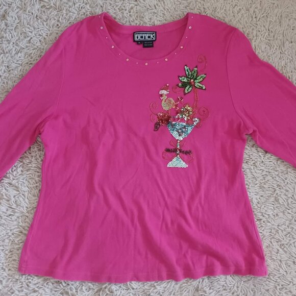 Berek XL Christmas Flamingo Sequin Top Women’s Embellished Holiday Shirt Cotton - Picture 2 of 6